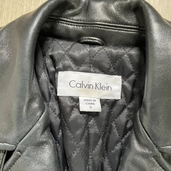 Calvin Klein Genuine Leather Trench Coat Women Small Black Classic Elegant Retro - Picture 6 of 15